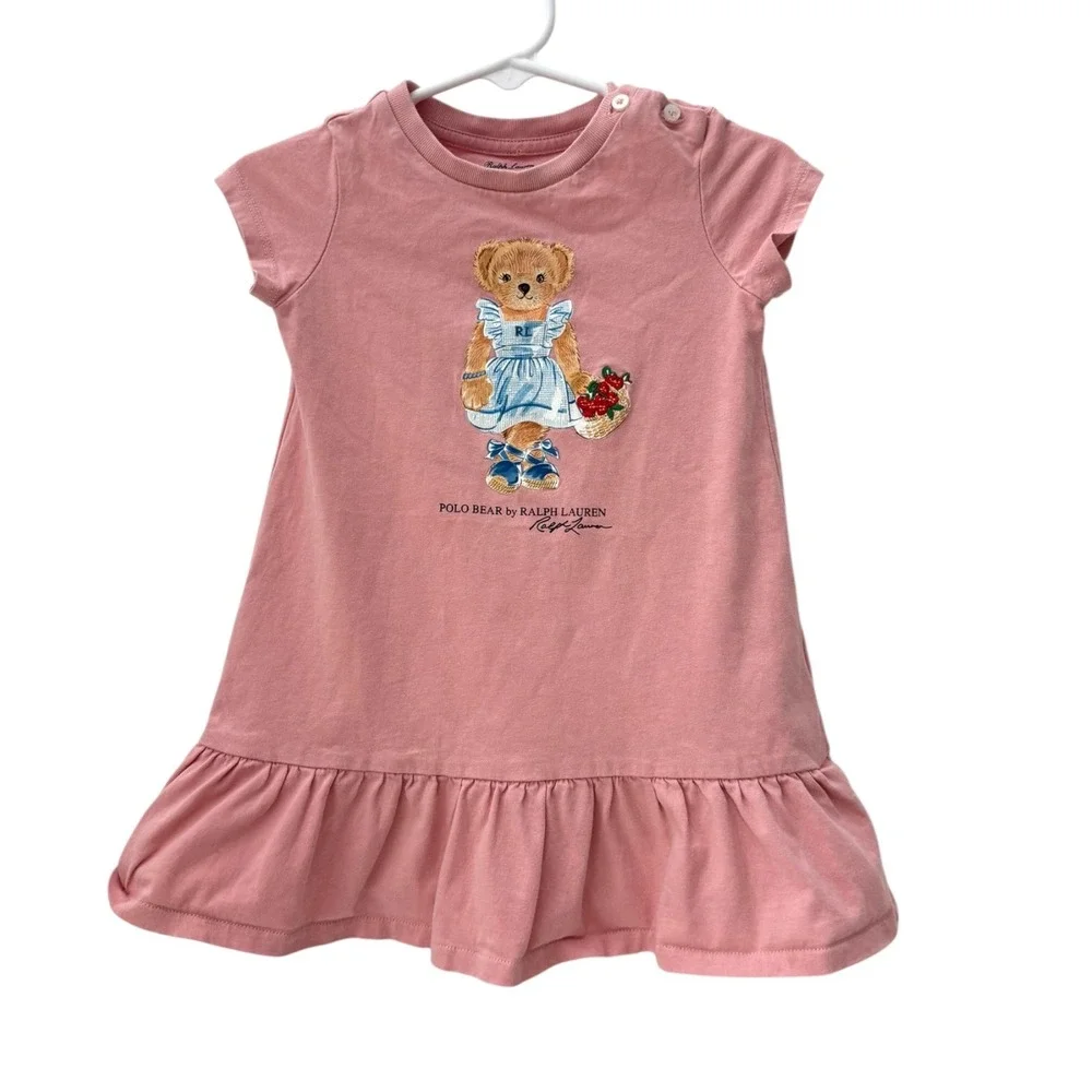 Ralph Lauren Polo Bear Pink‎ Cotton Ruffle Hem Dress Baby Girl 18M